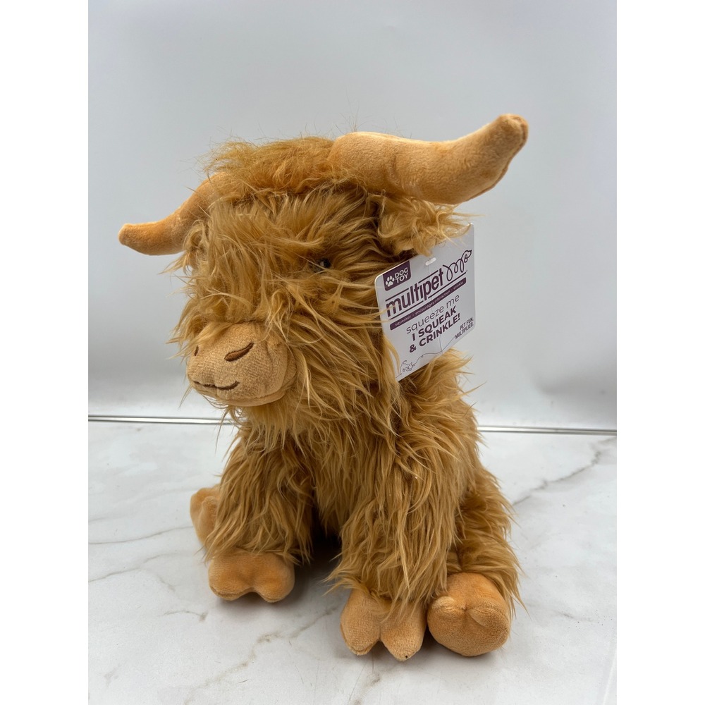 Multipet Dog Toy Tan Highland Cow Plush Squeak and Crinkle Furry Dog Toy